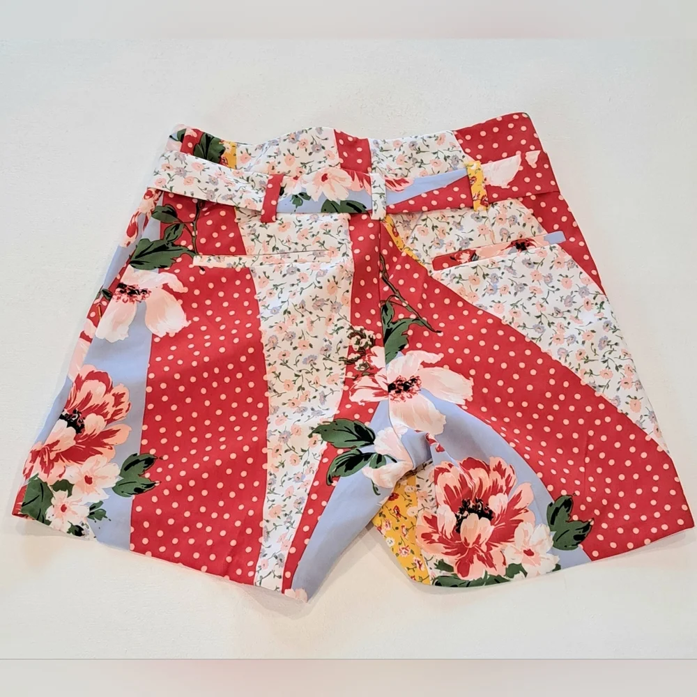 Patchwork Floral Tie-Waist High-Rise Women's Shorts - Blue/Yellow/Red